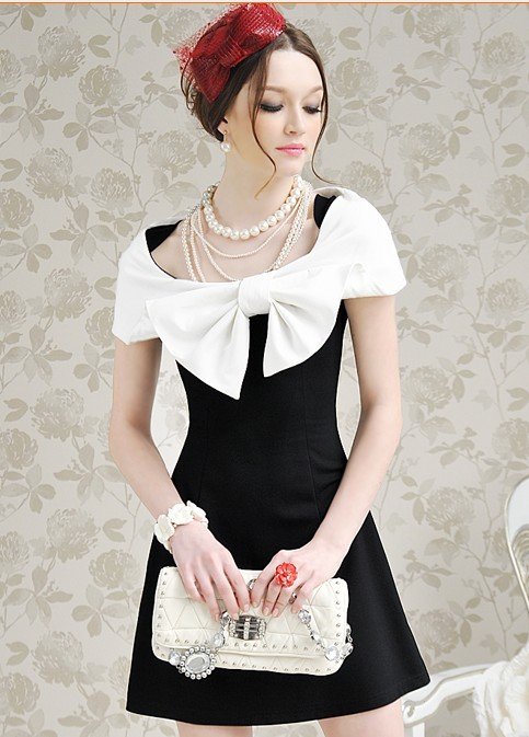 S-L free shipping manufacturers supply sexy Women's black+white bow Dress (MOQ: 1pc) #A0996