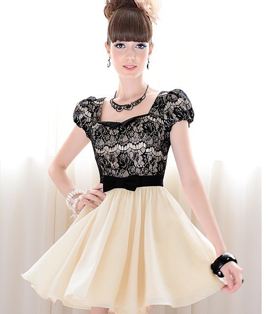 S-L free shipping manufacturers supply Women's Black lace bow bubble short-sleeved dress(MOQ: 1pc) #Y966