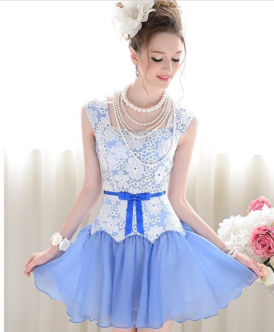 S-L free shipping manufacturers supply Women's Blue flouncing bow Slim dress (MOQ: 1pc) #69821