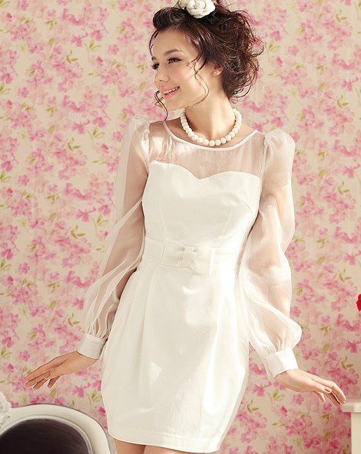 S-L free shipping manufacturers supply Women's White organza mosaic long-sleeved dress  (MOQ: 1pc) #W9755