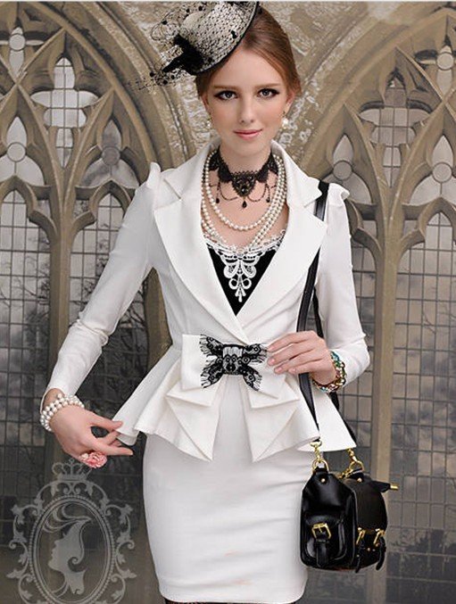 S-L free shipping manufacturers supply Women's White slim temperament Lapel lotus leaf bow dress(MOQ: 1pc) #Y52