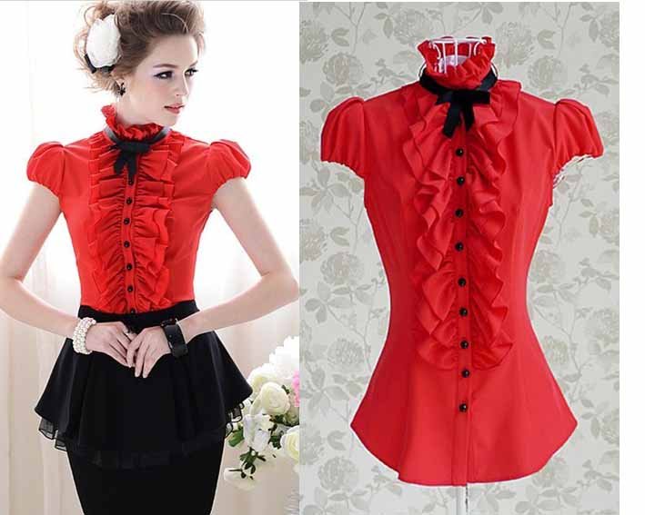 S-L free shipping new fashion Women's  flounced bow short-sleeved shirts moq 1pc #CH3013