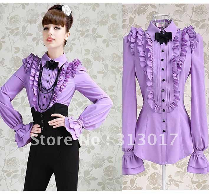 S-L free shipping new fashion Women's Purple flounced black bow long-sleeved shirts moq 1pc #452-0168