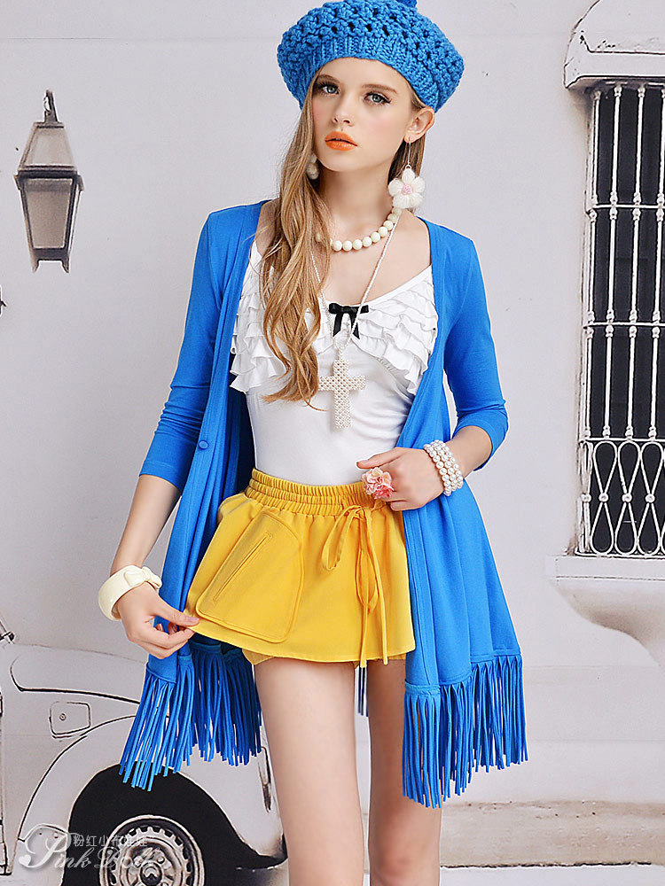 S-L free shipping wholesale Women's blue loose inserts tassels in the sleeve shawl cotton coat # W320