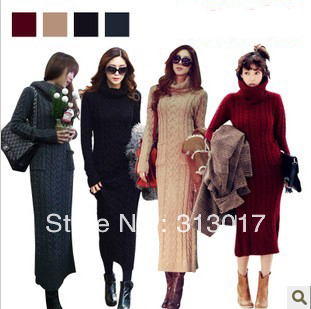 S-L Free Shipping Women's High collar sweater the Slim Serratula long dress #A054