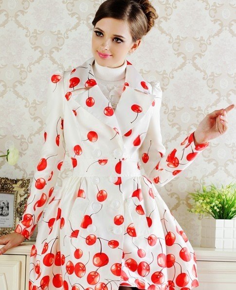 S/M/L/XL Free shipping red cherry skirt double breasted coat ladies belt slim long trench autumn new fashion 2013