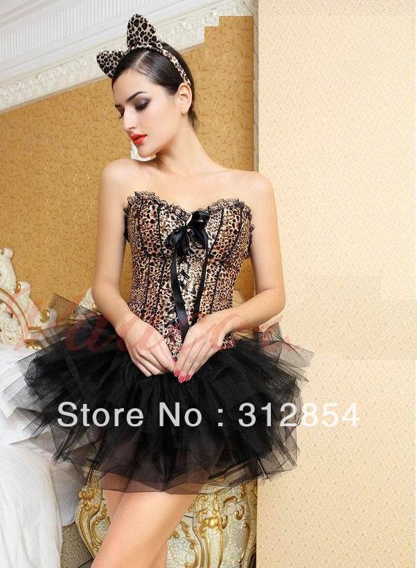 S M L XL XXL Plus size womens black leopard shaper dress with Mini tutu skirt G string Headwear ear lace trim sexy design corset