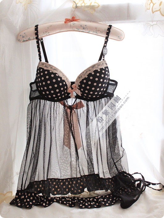 S t sweet sexy polka dot skirt transparent yarn bow belt cup spaghetti strap nightgown set