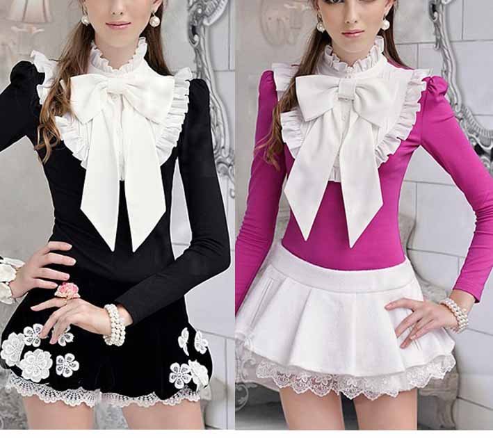 S-XL free shipping Manufacturers supply new fashion Women's bow slim long sleeved shirt moq 1pc #W8997