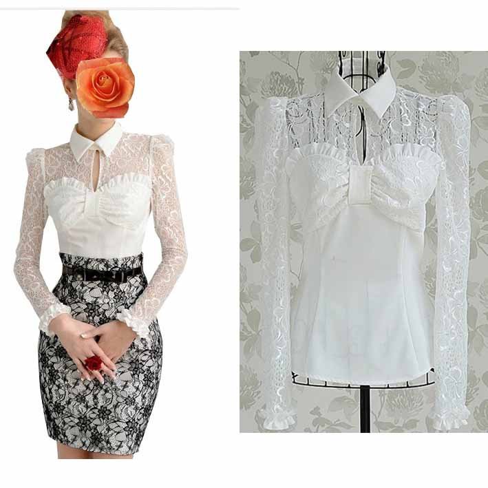 S-XL free shipping Manufacturers supply new fashion Women's White lace flounced long-sleeved slim shirt blousemoq 1pc #A619