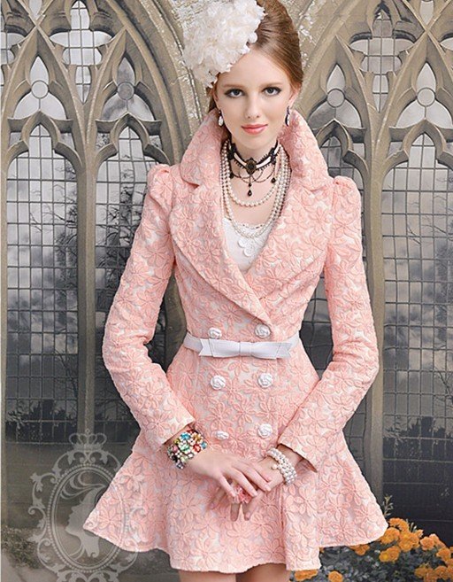 S-XL   free shipping Manufacturers supply new Women's Pink Daisy embroidery slim Lapel double-breasted ruffled coats#C599