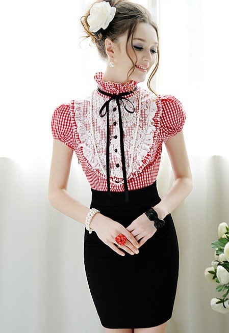 S-XL free shipping manufacturers supply Women'sRed and white squares lace flounced slim short-sleeved dress(MOQ: 1pc) #452-0180