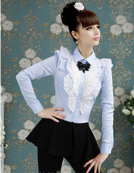 S-XL free shipping new fashion Women's Blue and white stripes  Puff Sleeve Shirt  moq 1pc #ZHL122