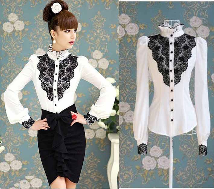 S-XL free shipping new fashion Women's flouncing lace long-sleeved shirt moq 1pc #6639