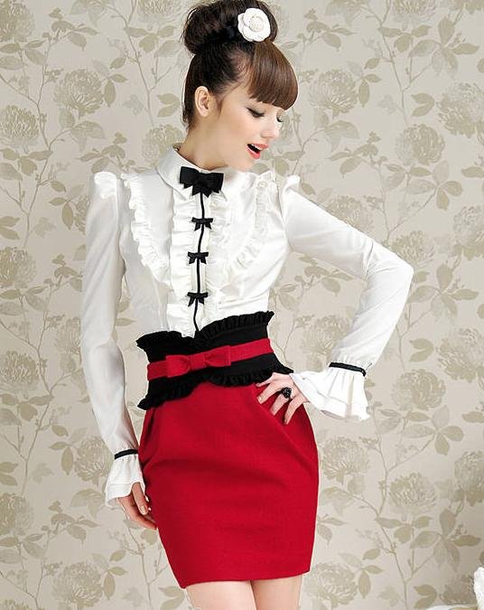 S-XL free shipping new fashion Women's white flounced black bow long-sleeved shirts moq 1pc #452-917