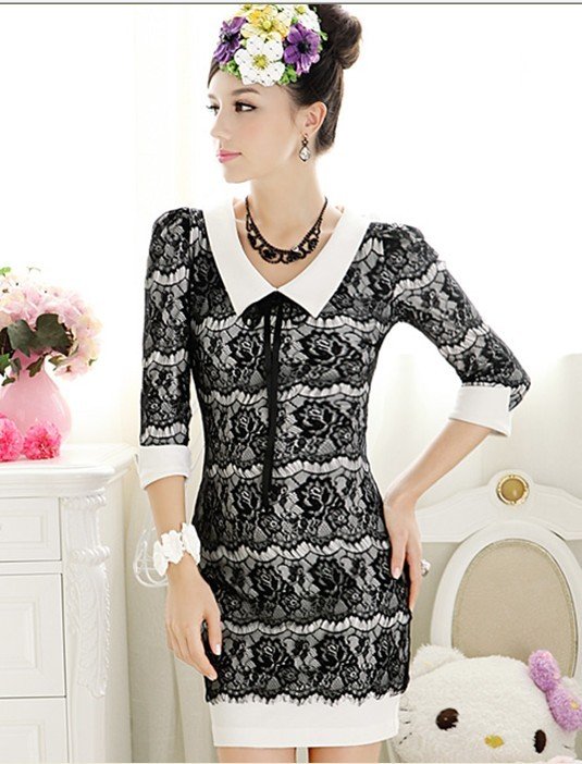 S-XL free shipping wholesale Women Black lace retro lapel OL temperament  silm Dress(MOQ: 1pc) # WQ112