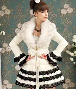 S-XL free shipping women's  white fur collar ruffle lace slim waist long design down coat #H6665