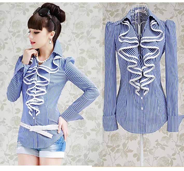 S-XL free shipping Women Stripes lotus leaf silm OL temperament long-sleeved shirt moq 1pc #A0926