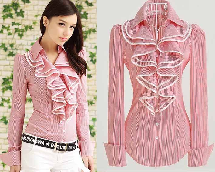 S-XL free shipping Women Stripes lotus leaf silm OL temperament long-sleeved shirt  moq 1pc #ZHL10