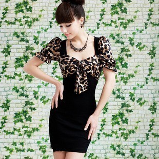 S-XXL Fashion sexy women's short sleeve elegant bow tube dresses evening, cusual ladies' leopard dress plus size