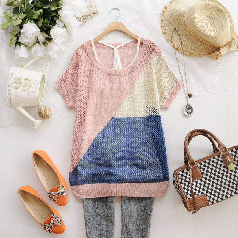 S3955 2012 sweet color block decoration pullover crocheted women's short-sleeve sweater