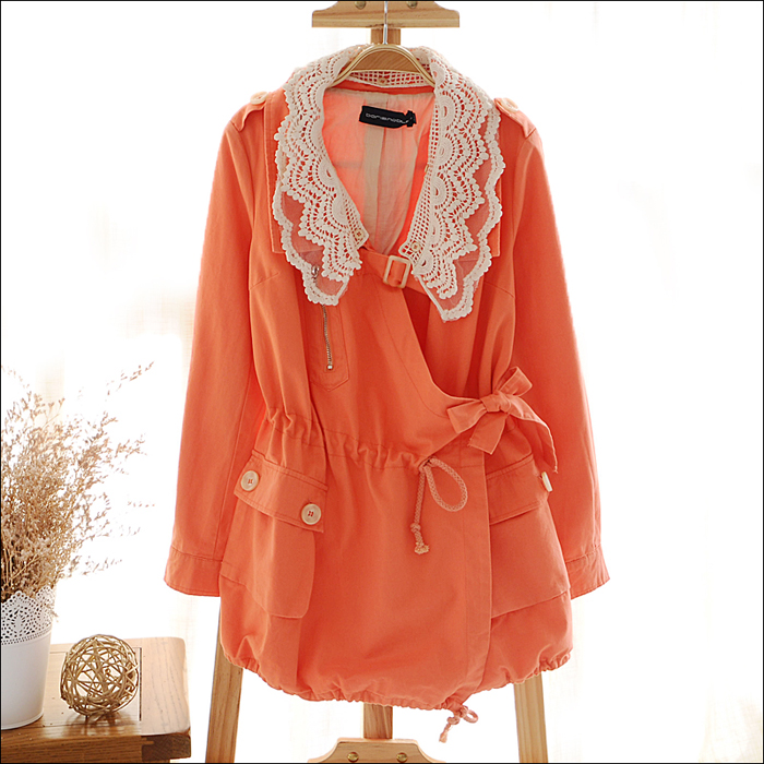 S5709 spring 2013 fashion slim waist lacing lace collar slim trench female