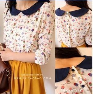 SALE Fashion a5 q vintage peter pan ingot collar doodle pattern chiffon o-neck shirt Free Shipping