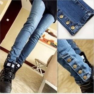 SALE Fashion b0 b 2013 denim pants trousers button decoration slim skinny jeans Free Shipping