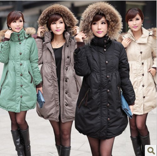 SALE! Fashion Womens Hooded Fur Collar Winter Long Down Coat Parka Jacket Detacheable Hat Plus Size Black Green Khaki Beige