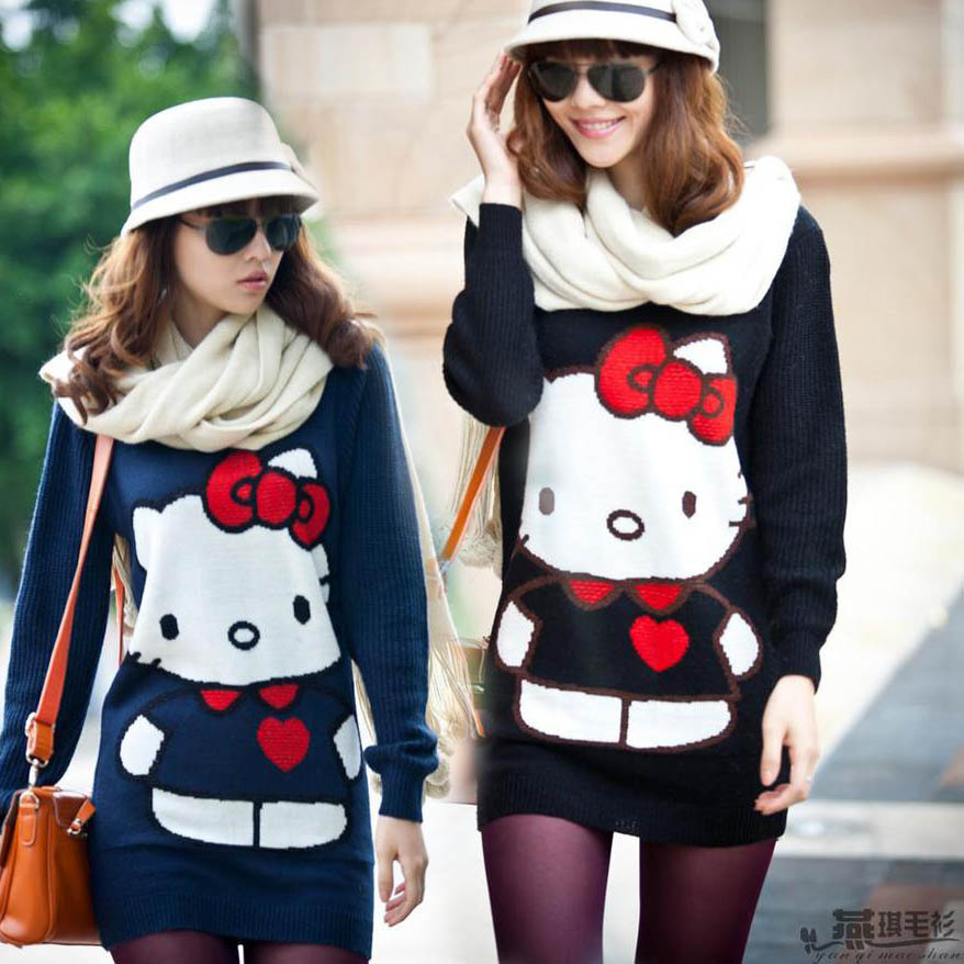 Sale Handsome Cute Hello Kitty Geometry Korean Sweater Poncho Women Clothing Printed Dress Cashmere Vintage Style Heart Knitted