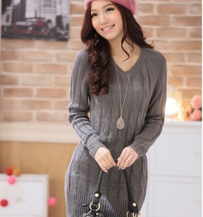 Sale M-3XL knitted women's sweaters plus size clothing, v-neck long sweater dress women, Black/White/Purple/Grey, free shipping