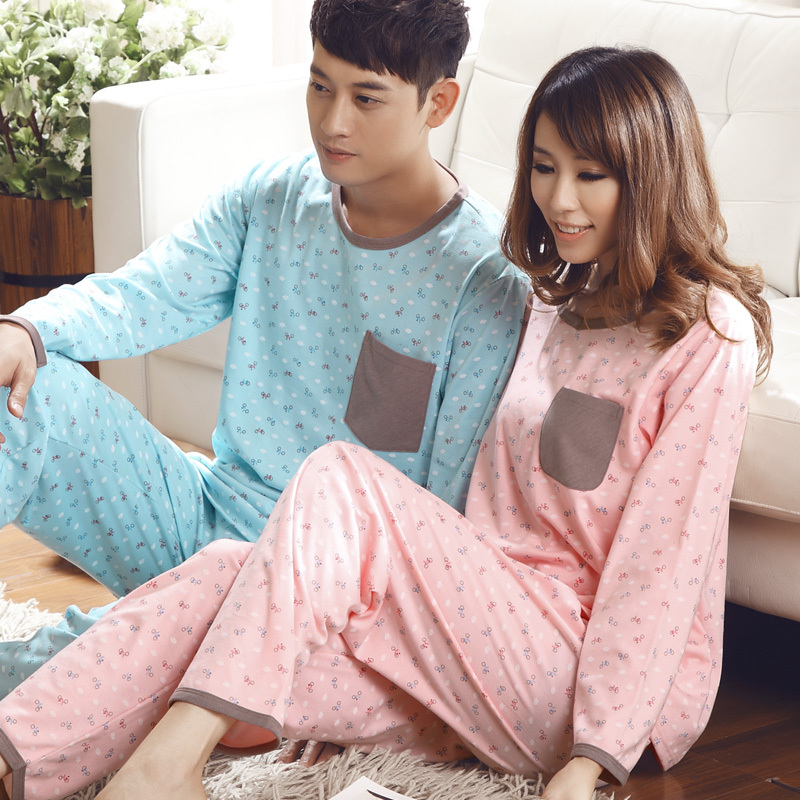 Sallei lovers sleepwear autumn and winter long-sleeve knitted cotton male women's at home service lounge twinset