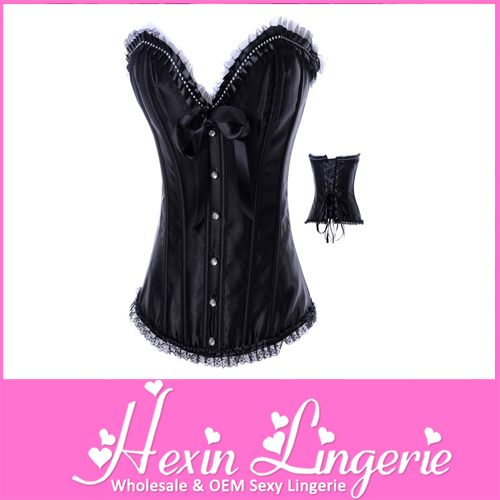 Satin Black Sexy wholesale corset tops With Trimmed Ruffles And Satin Bows LB4365  Size S M L XL