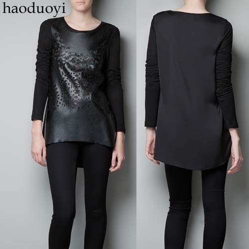 Sculpture cutout PU punching faux leather top patchwork knitted dovetail black long-sleeve T-shirt basic shirt