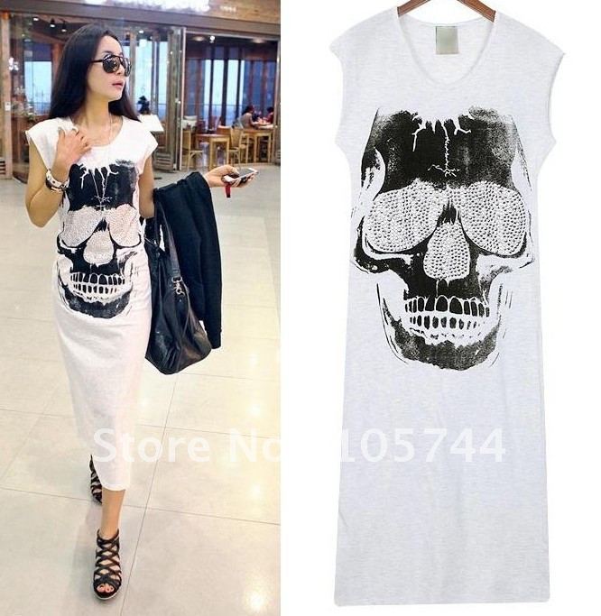 SDHS8122 rhinestones skull sleeveless vest one-piece dress full dress free shipping promotion with low price 2color:white,black