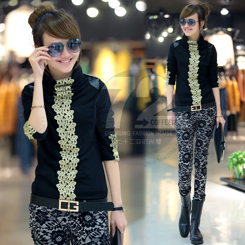 Se26396 2013 spring women's vintage lace leather patchwork basic T-shirt long-sleeve shirt