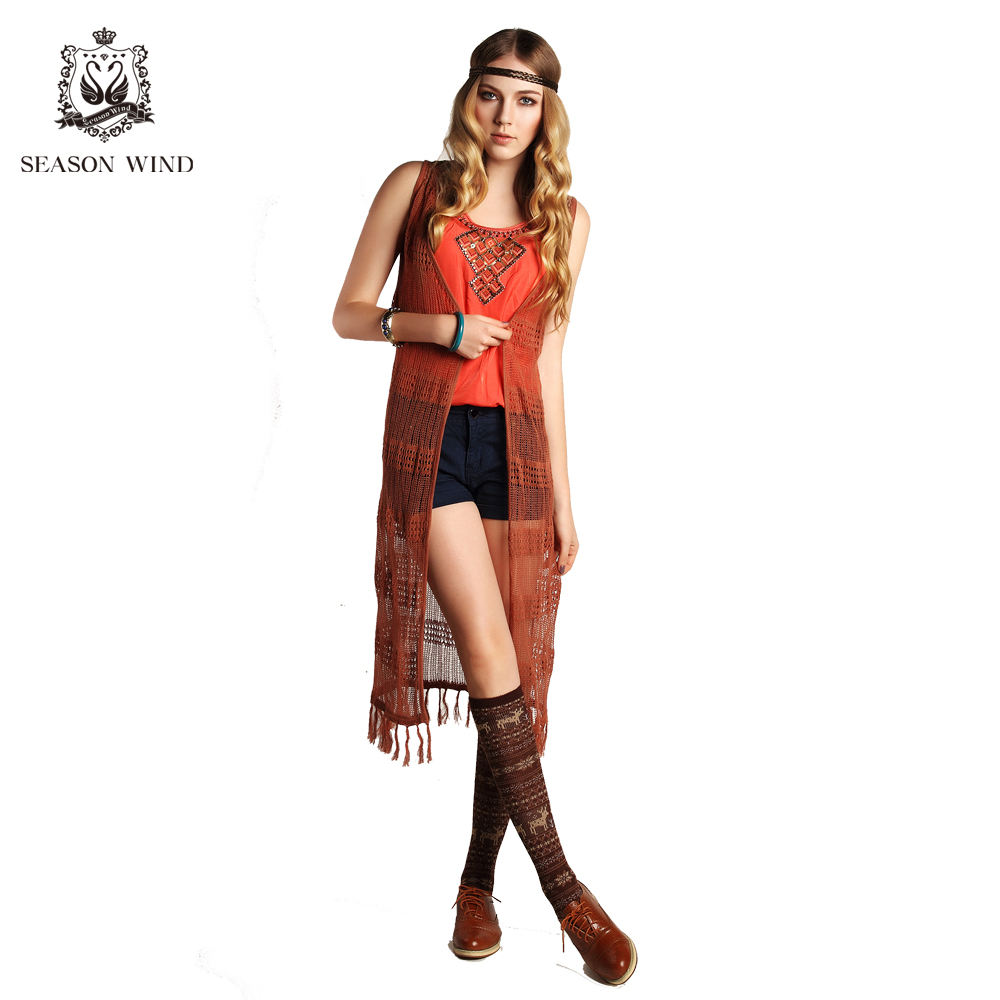 SEASONWIND 2013 new arrival spring fashion sleeveless no button cutout belt tassel long design knitted sweater