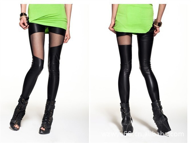 See-through leggings imitation leather Stitching net yarn Free Shipping 3025