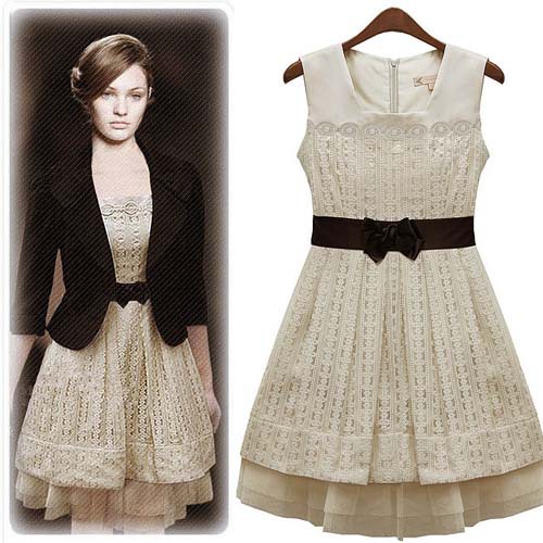 [SEKKES] Women Dress Casual Sleeveless Tank Lace Vintage Dress Clothing DRS003