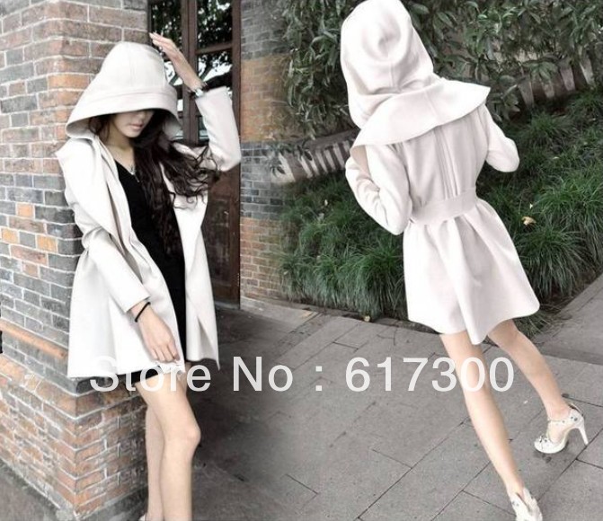 Sell like hot cakes free shipping! Long sleeve belt hooded dust coat/pure color/black/white suits spring autumn