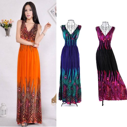 Sell one like this Deep V Collar Peacock Bohemia Summer Long Beach Dress Maxi Skirt Dress free shipping wholesale  P004