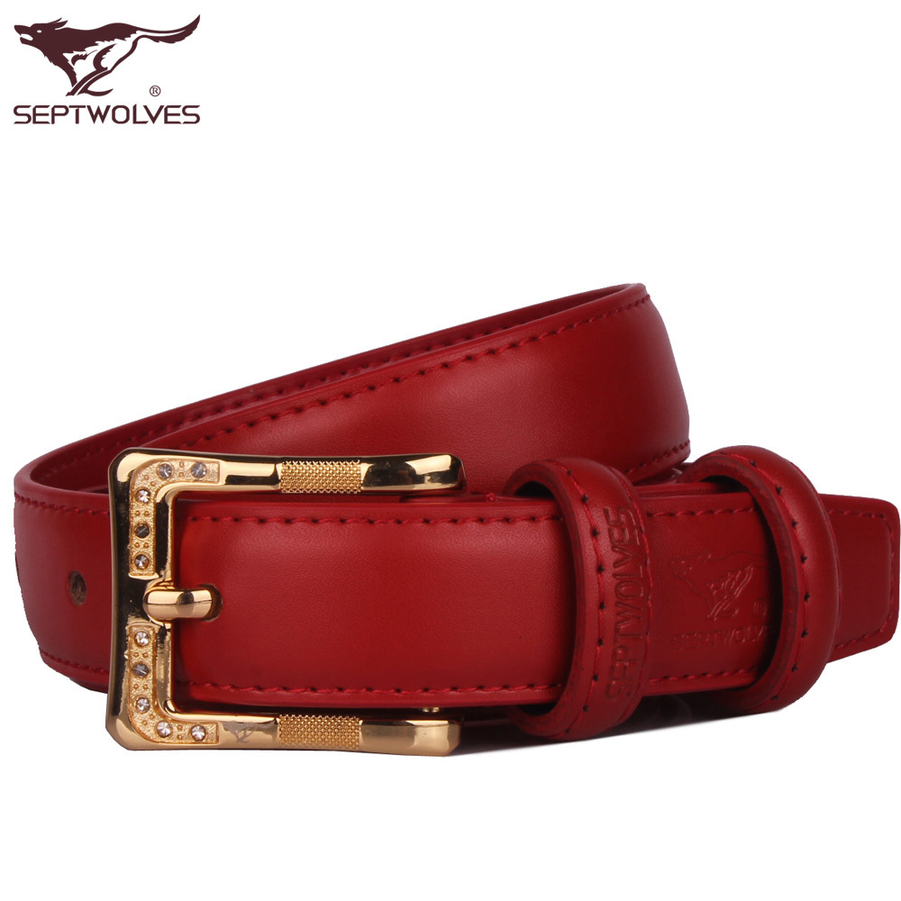 SEPTWOLVES female genuine leather pin buckle strap Women flame red cowhide belt