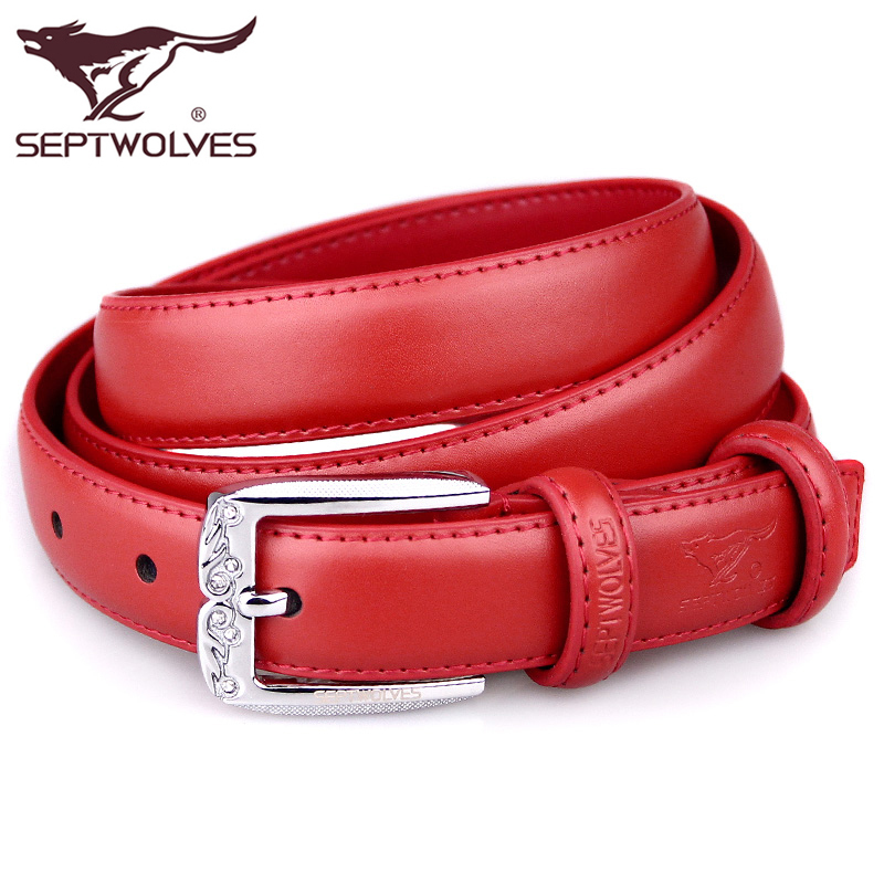 SEPTWOLVES women's strap genuine leather cowhide belt female red pin buckle casual strap