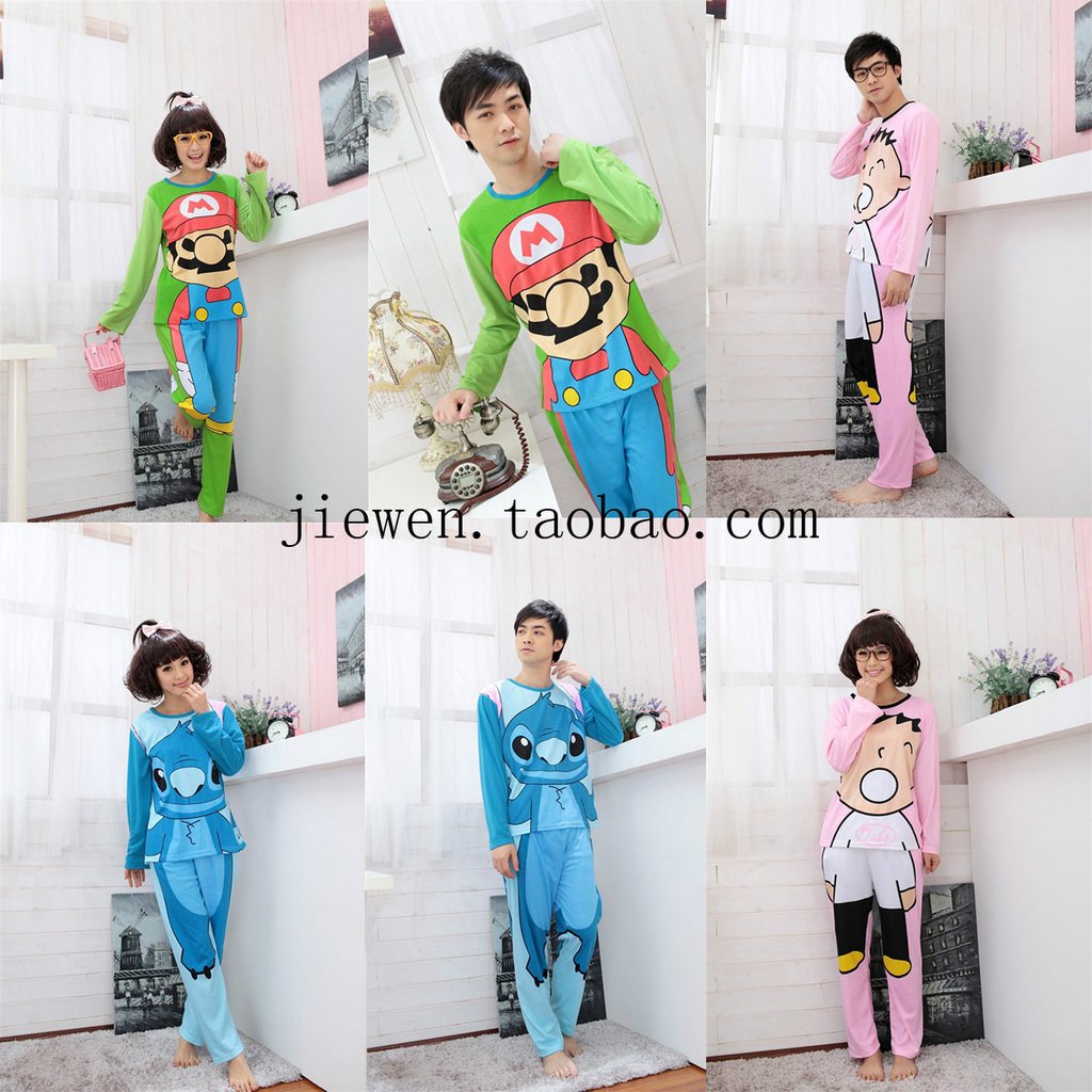 Set 2012 spring 100% cotton cartoon one piece long-sleeve lovers sleepwear male women's set