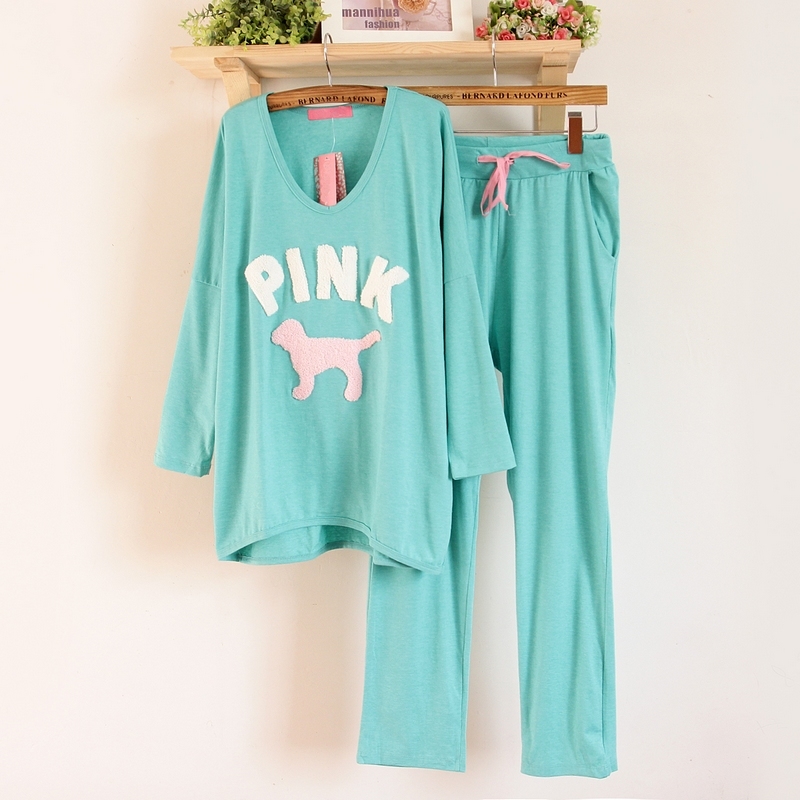 Set autumn batwing sleeve sanded pink women's 100% cotton long-sleeve lounge sleep set