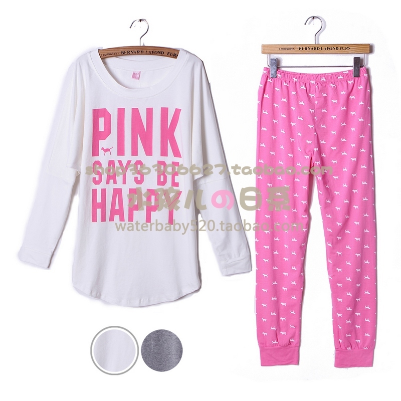 Set batwing sleeve lounge long sleeve length pants sleepwear female pink 100% cotton set