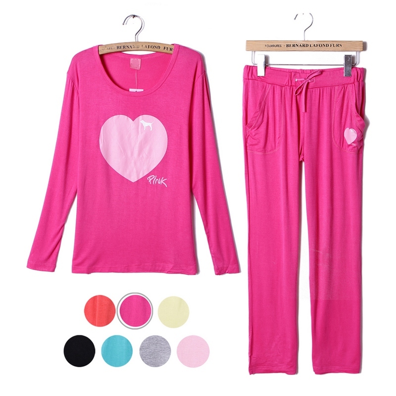 Set candy lounge spring and autumn long sleeve length pants sleepwear female pink 100% cotton modal set