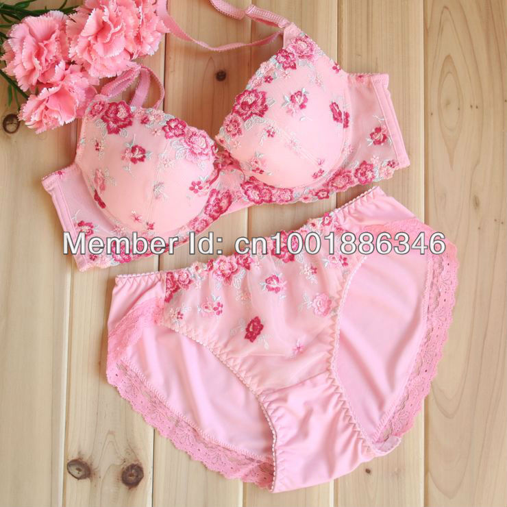 Set flower embroidery lace push up lingerie bra set 3 breasted bra