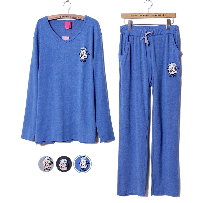 Set lovers design embroidery POPEYE lounge spring and autumn long sleeve length pants 100% cotton sleepwear male