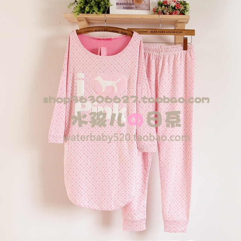 Set spring and autumn jacquard 100% cotton pink women's medium-long long-sleeve sleepwear lounge twinset set